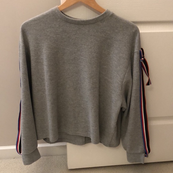 ZARA | Grey Cotton-Blend Crewneck Sweater with Striped Belts attached to Sleeves - Picture 6 of 8